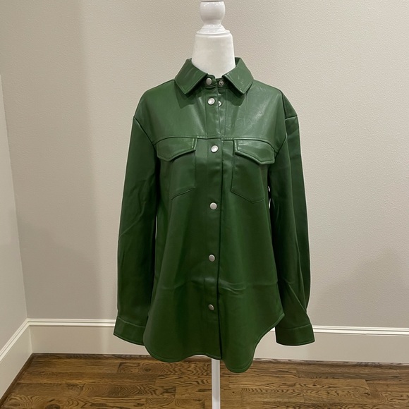 Anthropologie Aves Les Filles faux leather oversized shirt jacket in dark green - Picture 6 of 12